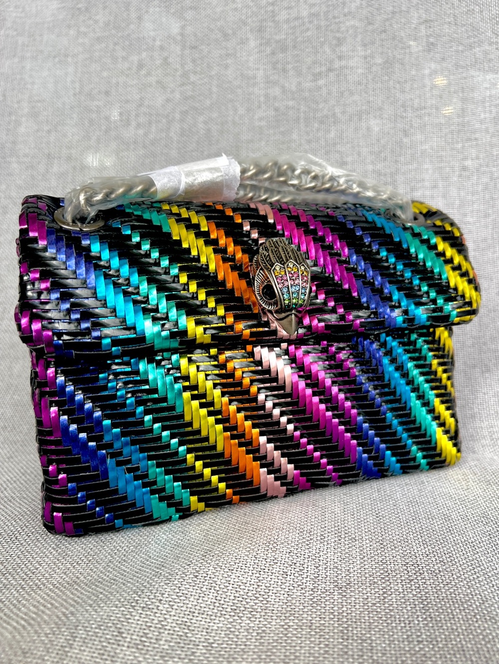 KURT GEIGER Kensington woven rainbow patent metallic convertible bag on chain